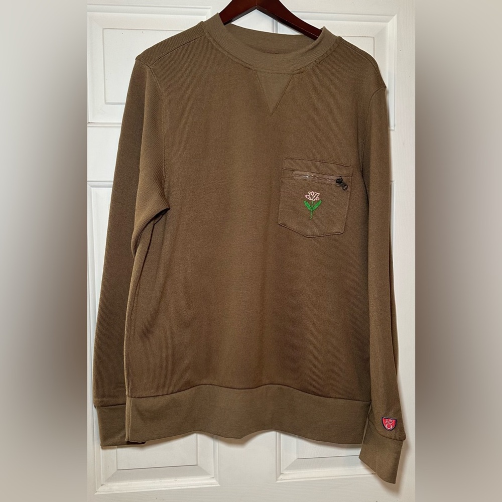 Arthur Beale Brown Crewneck Sweater  Zip Flower Pocket Men's‎ Size Medium.